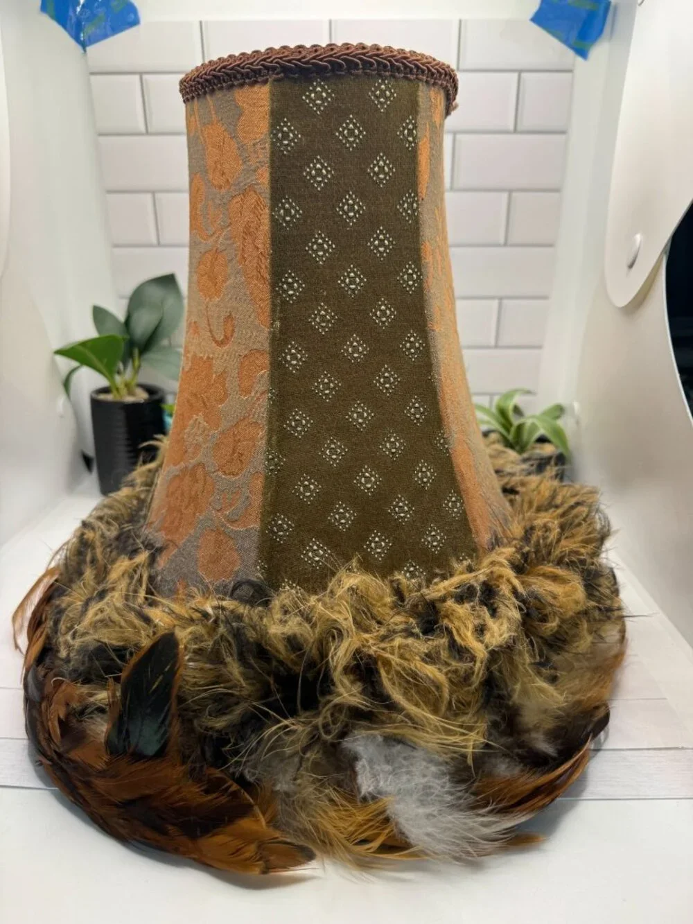 Vintage-Inspired Feathered Table Lamp Shade With Floral & Diamond Textures